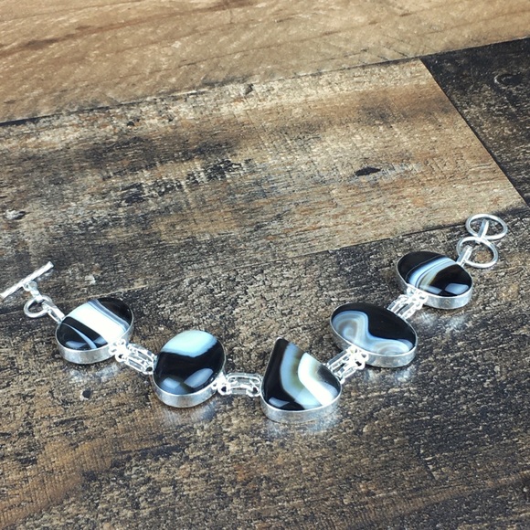 Banded Black Botswana Agate Stone Toggle Bracelet - Picture 8 of 8